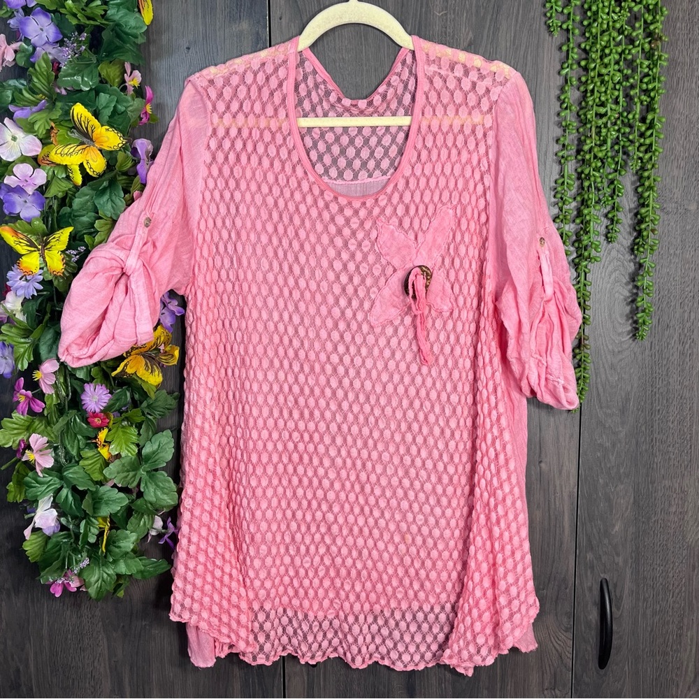 .,🌼3/$30🌼M. Made In Italy Pink Quarter Sleeve Detailed Blouse Size Large